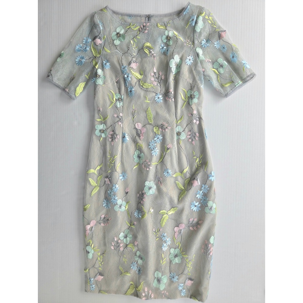Adrianna Papell Grey Floral Embroidered Lace Sheath Dress Short Sleeve Size 6